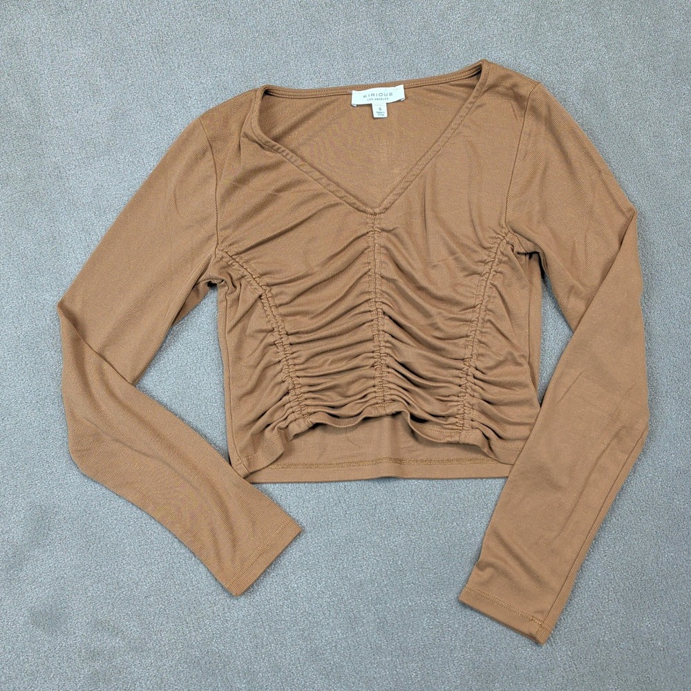 Kirious Los Angeles Size S Women Brown Ruched Front Ribbed Long Sleeve Crop Top